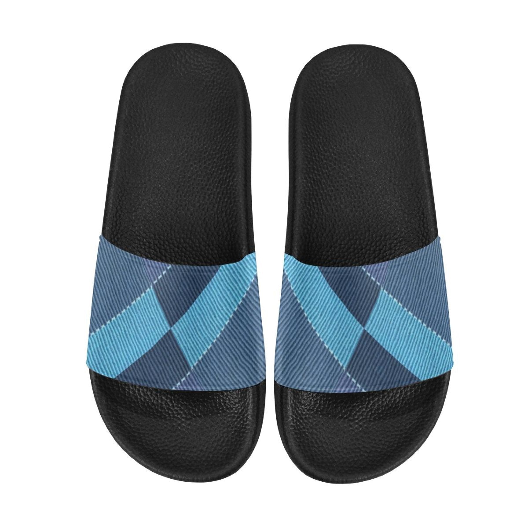 Womens Slides, Flip Flop Sandals, Blue Denim Grid