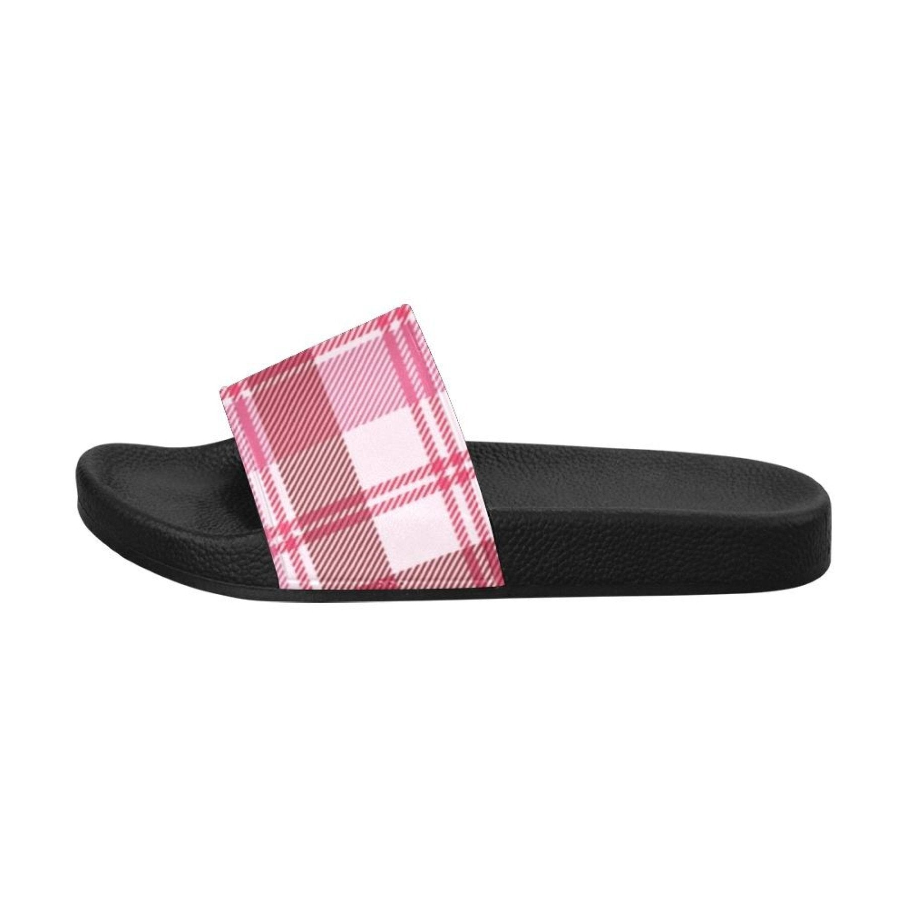 Womens Slides, Flip Flop Sandals, Pink and White Plaid Print