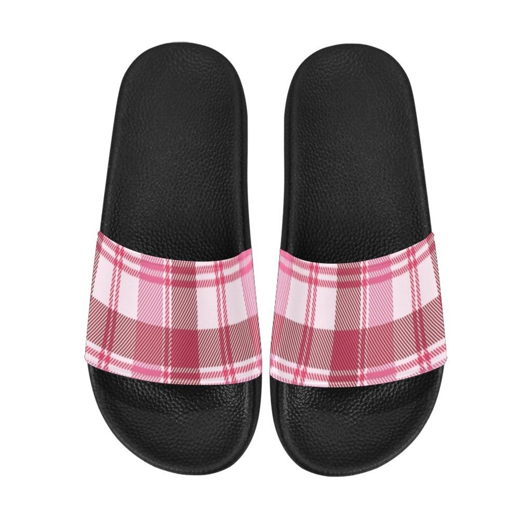 Womens Slides, Flip Flop Sandals, Pink and White Plaid Print