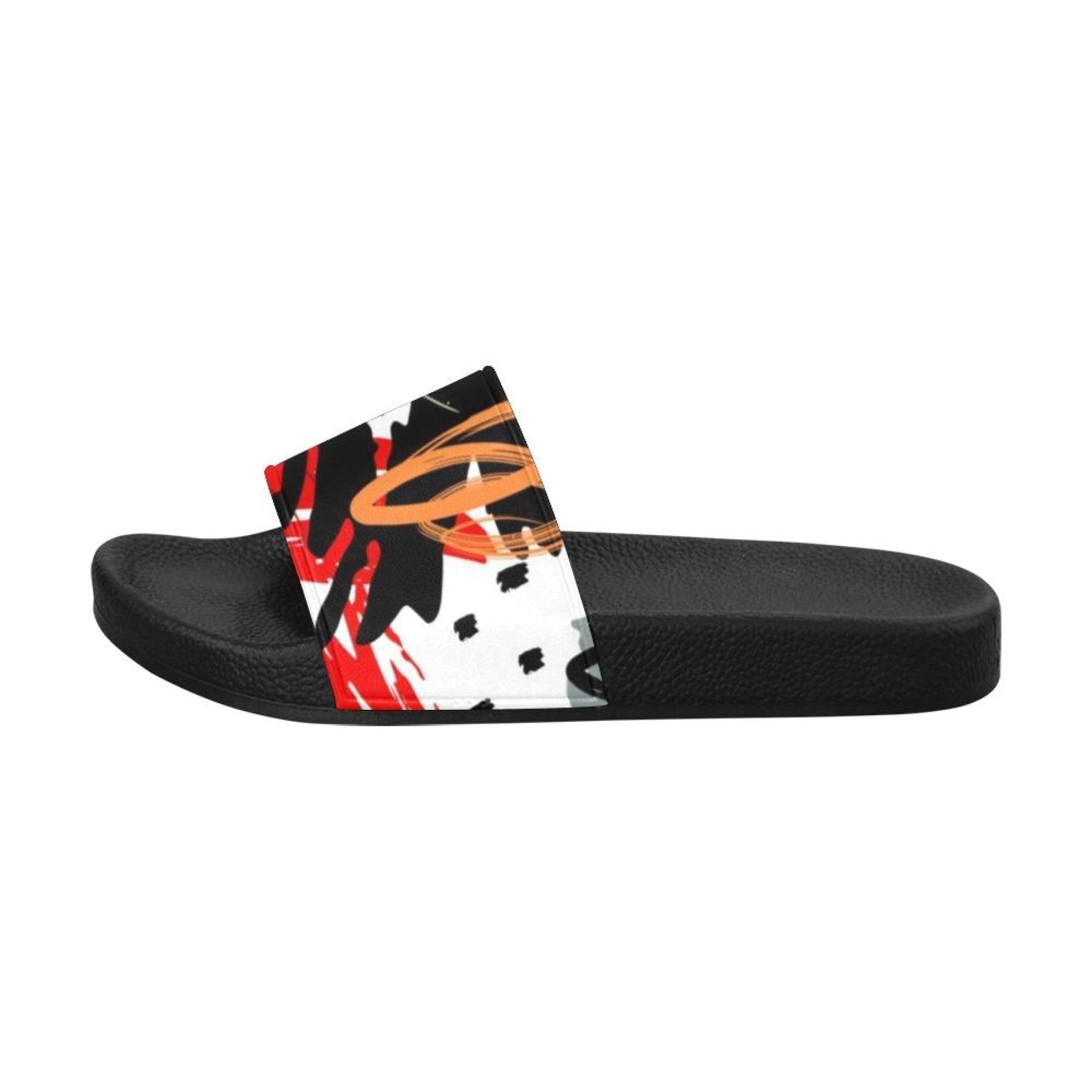 Womens Slides, Flip Flop Sandals, Red Black and White Abstract Print