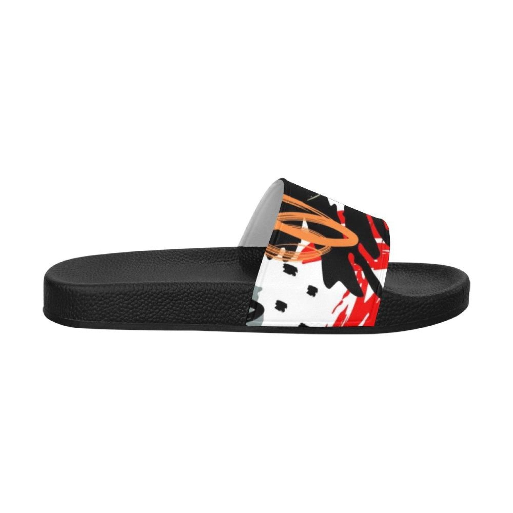 Womens Slides, Flip Flop Sandals, Red Black and White Abstract Print