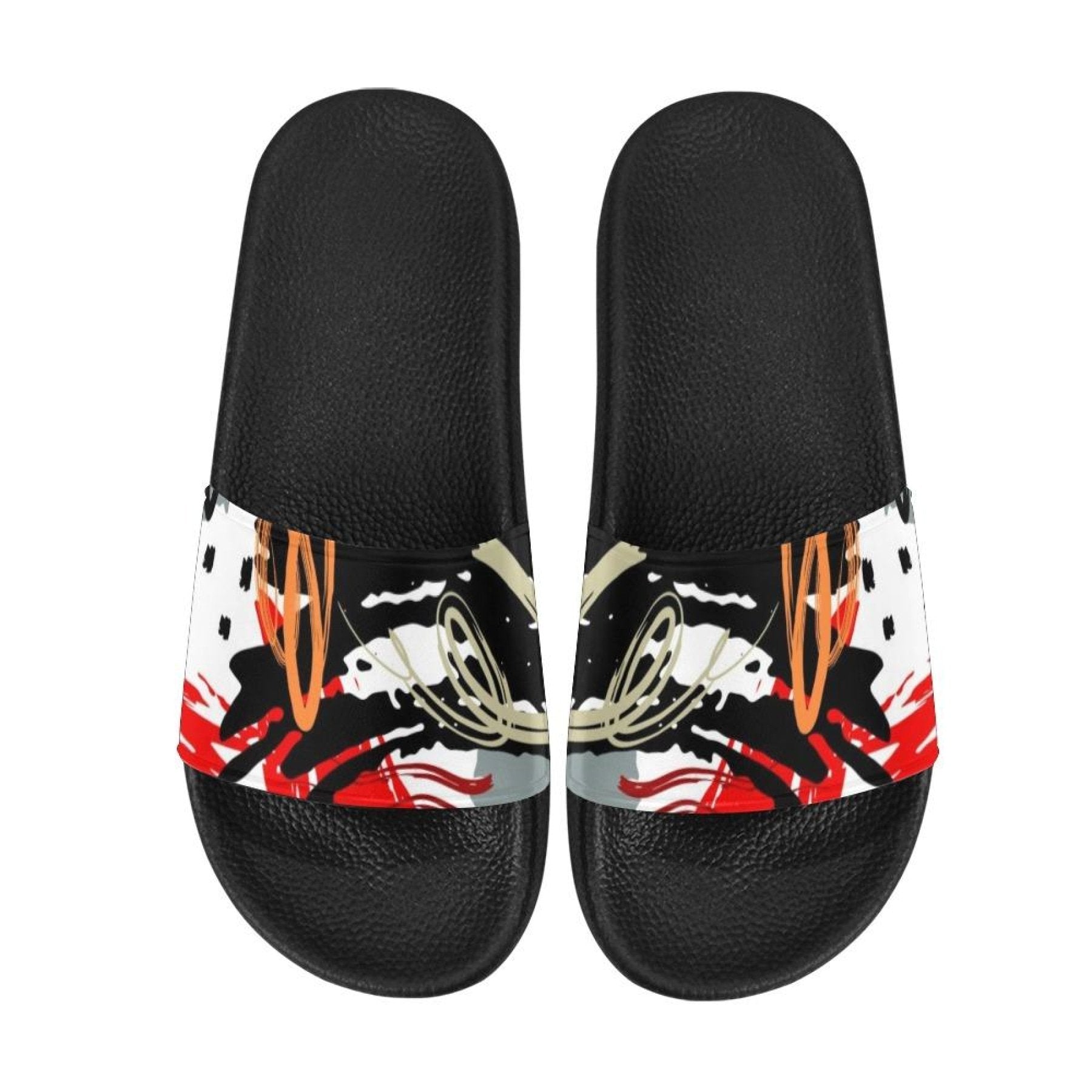 Womens Slides, Flip Flop Sandals, Red Black and White Abstract Print