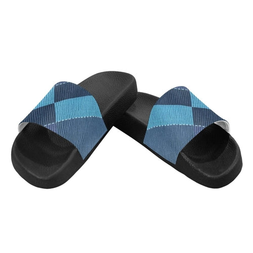 Womens Slides, Flip Flop Sandals, Blue Denim Grid