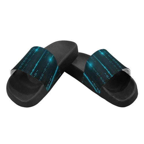 Womens Slides, Flip Flop Sandals, Blue Matrix Print