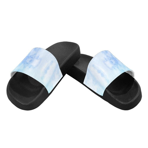 Womens Slides, Flip Flop Sandals, Blue Watercolor Print