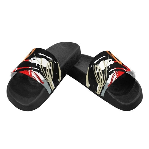 Womens Slides, Flip Flop Sandals, Red Black and White Abstract Print