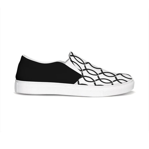 Womens Sneakers - Black & White Ichthys Style Low Top Slip-on Canvas